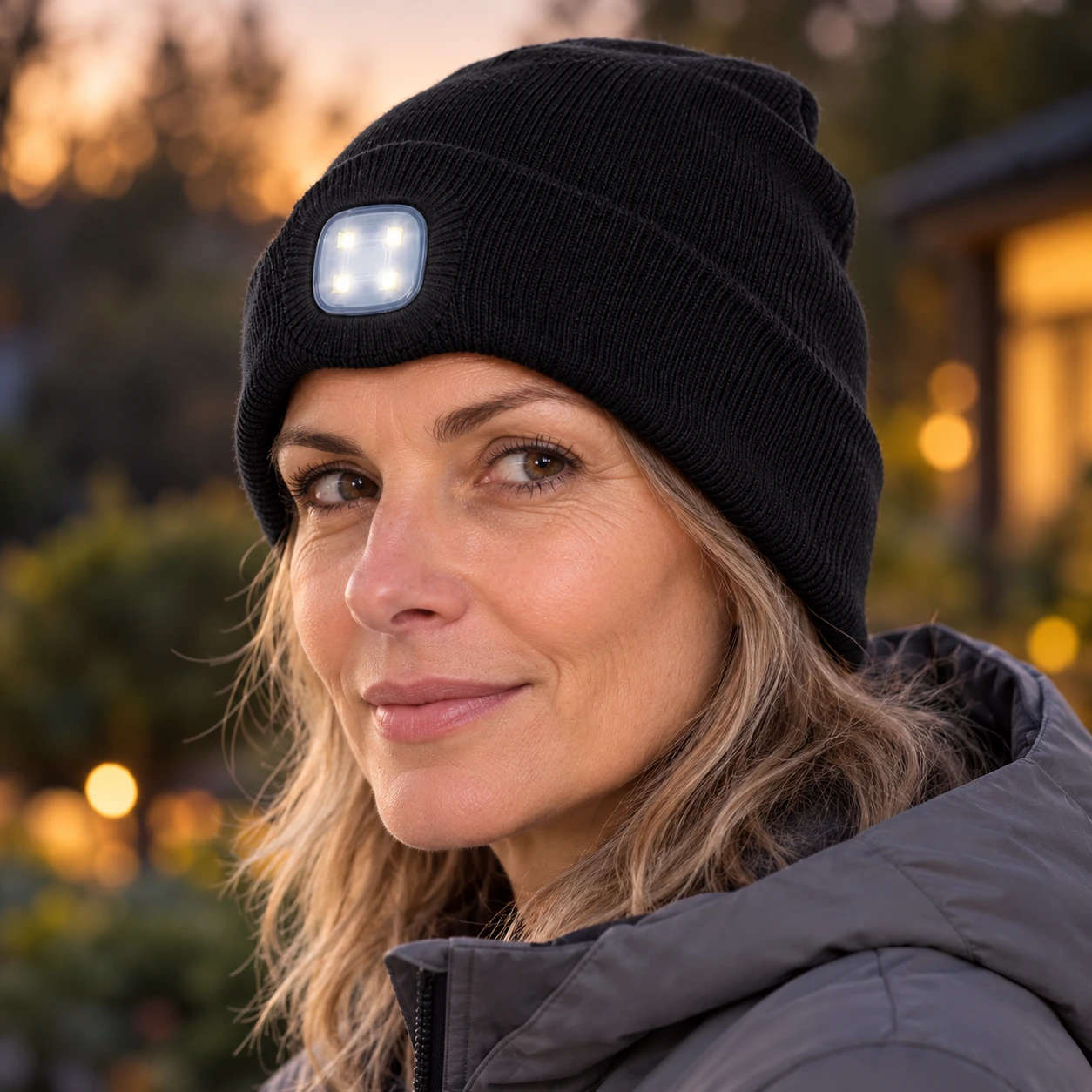 LED-modul na sprednjem delu črne kape LumiBeanie od blizu